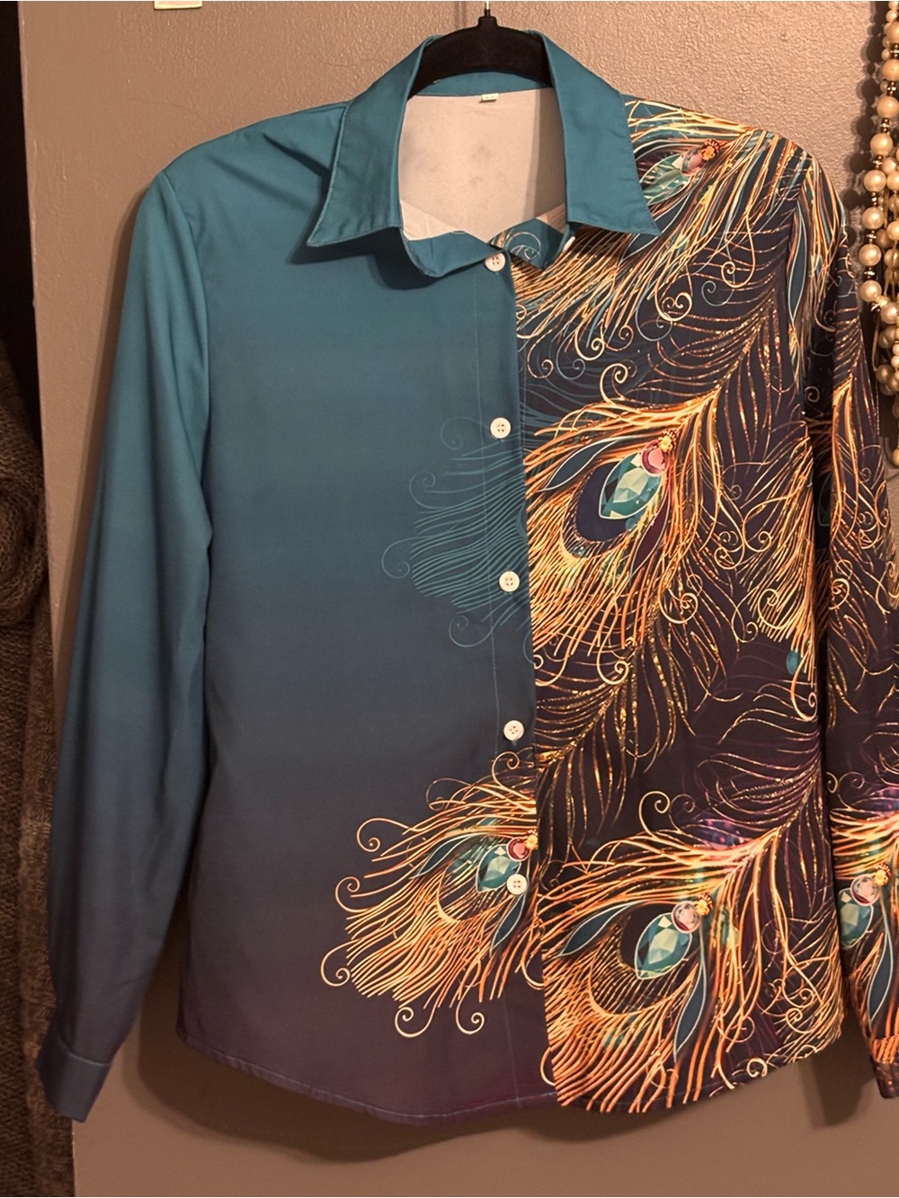 Men's Teal Peacock-Print Button-Up Shirt